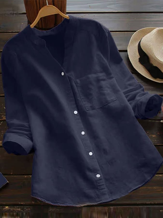 Women's Cotton Linen V-Neck Long Sleeve Shirt