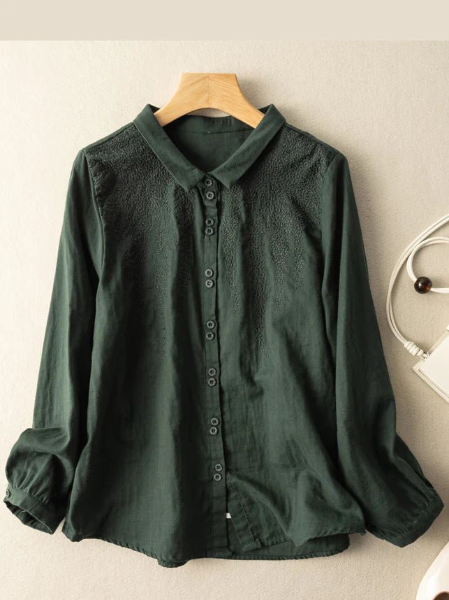 Embroidered Long Sleeve Casual Linen Shirt Top