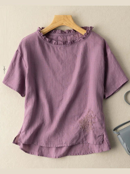 Embroidered Round Neck Short Sleeve Casual Linen Tee Top