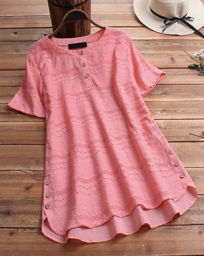 Cotton Linen Hollow Lace Button Casual Top