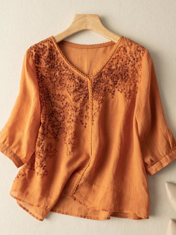 Embroidered V Neck 3/4 Sleeve Casual Linen Top