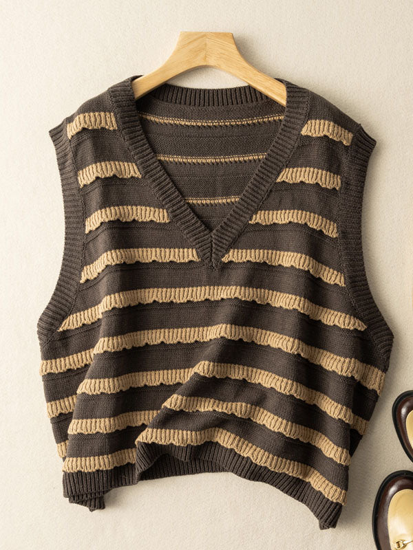 Knitted V-Neck Stripes Classic Loose Vest Coat