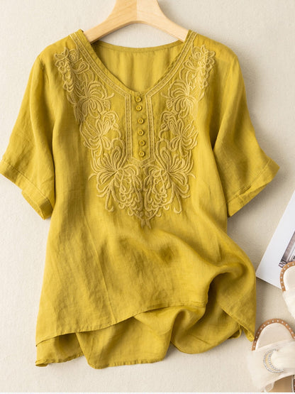 Women's Cotton Linen Embroidered Loose Casual T-Shirt