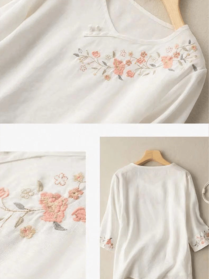 Women's Casual Button Embroidered Cotton Linen 3/4 Sleeve T-Shirt