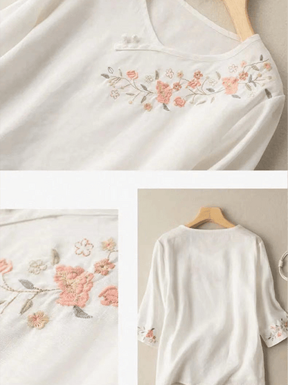 Women's Casual Button Embroidered Cotton Linen 3/4 Sleeve T-Shirt