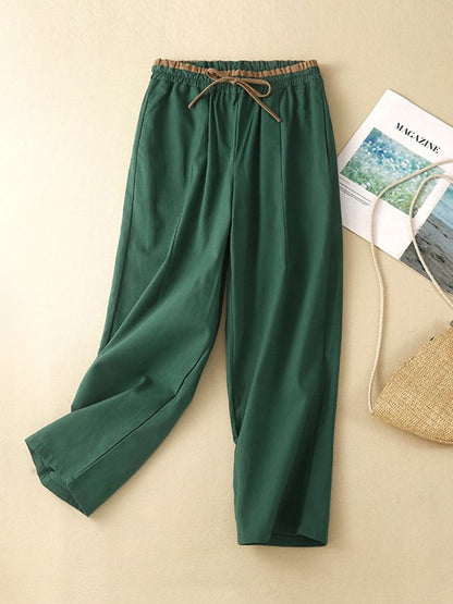 Cotton And Linen Color Contrast Stitching Elastic Waist All-match Slim Casual Pants