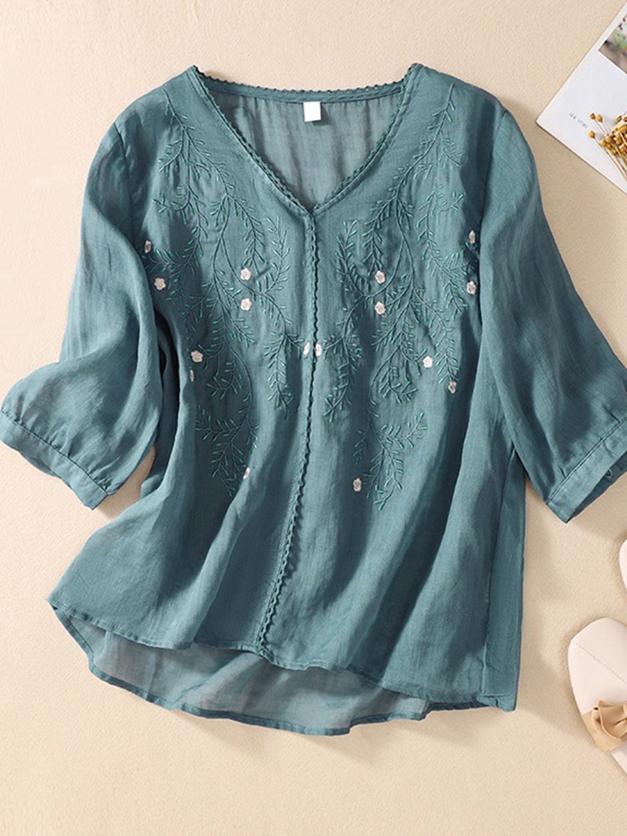 Embroidered Loose Cotton And Linen Top