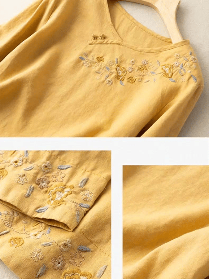 Women's Casual Button Embroidered Cotton Linen 3/4 Sleeve T-Shirt