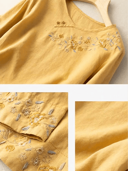 Women's Casual Button Embroidered Cotton Linen 3/4 Sleeve T-Shirt