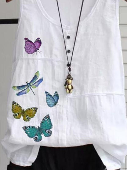 Butterfly Print V-Neck Cotton and Linen Tank Top