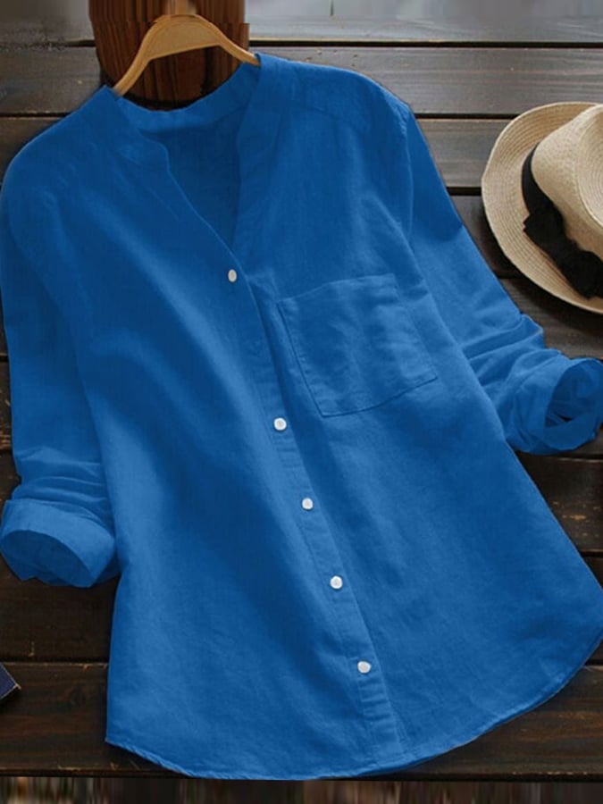 Women's Cotton Linen V-Neck Long Sleeve Shirt