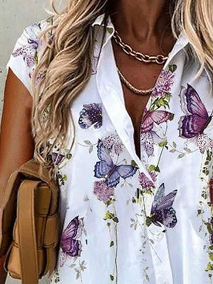 Butterfly Floral Print Short Sleeve Lapel Shirt