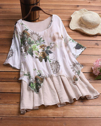 Temperament Irregular Printing Fake Two-piece Casual Vacation Top