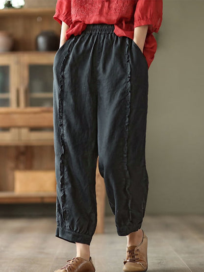 Cotton Linen Retro Wood Ear Stitching Casual Pants