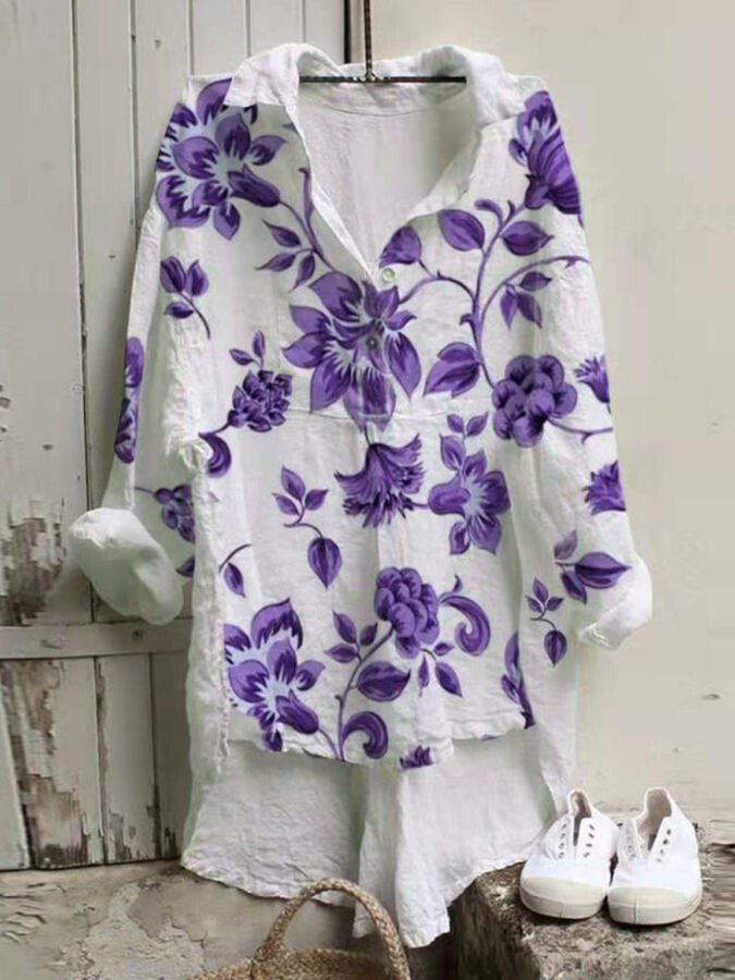 Women's Cotton Linen Floral Print Loose Long Sleeve Shirt