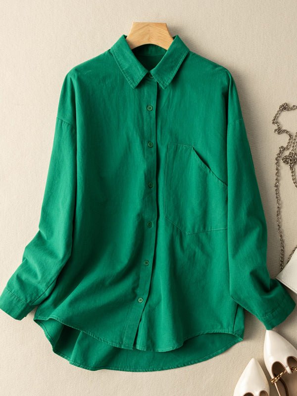 100% Natural Fabric Loose Casual Shirt With Pockets In Solid Color