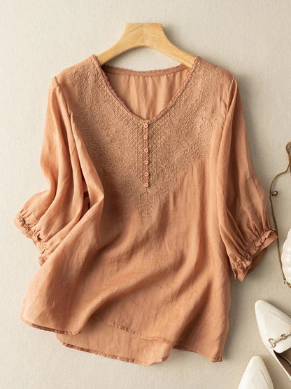 Embroidered V Neck Half Sleeve Casual Linen Top