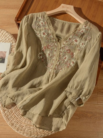 Embroidered V Neck 3/4 Sleeve Casual Linen Top