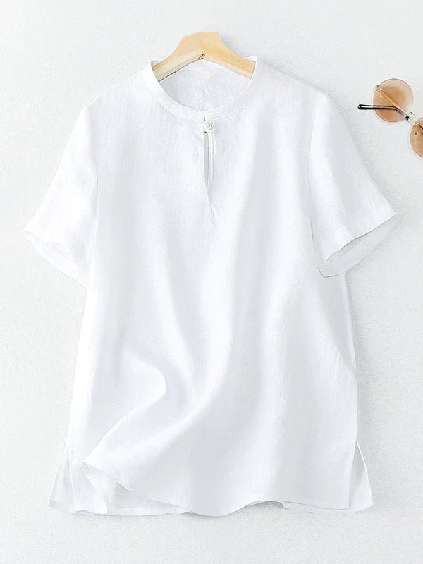 Pure Color Crew Neck Short Sleeve Buttoned Casual Linen Tee Top