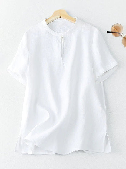 Pure Color Crew Neck Short Sleeve Buttoned Casual Linen Tee Top