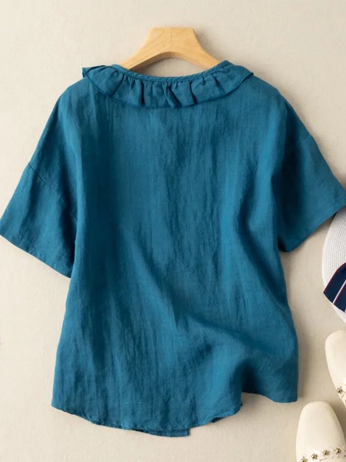 Women's Cotton Linen Baby Collar Short Sleeve shirt