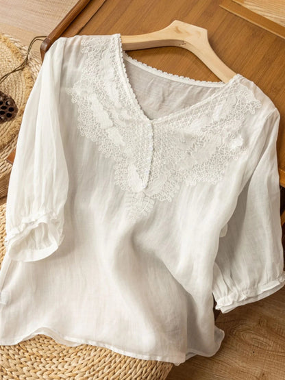 Embroidered V Neck Half Sleeve Casual Linen Top