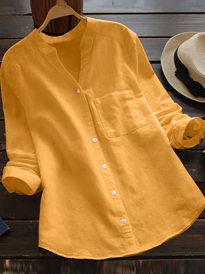 Women's Cotton Linen V-Neck Long Sleeve Shirt