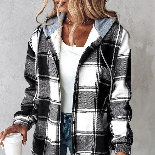 Women's Plaid Coat Breasted Hooded Jacket Sweatshirt Jacket Coat Women Light Jackets Comfy Hoodie