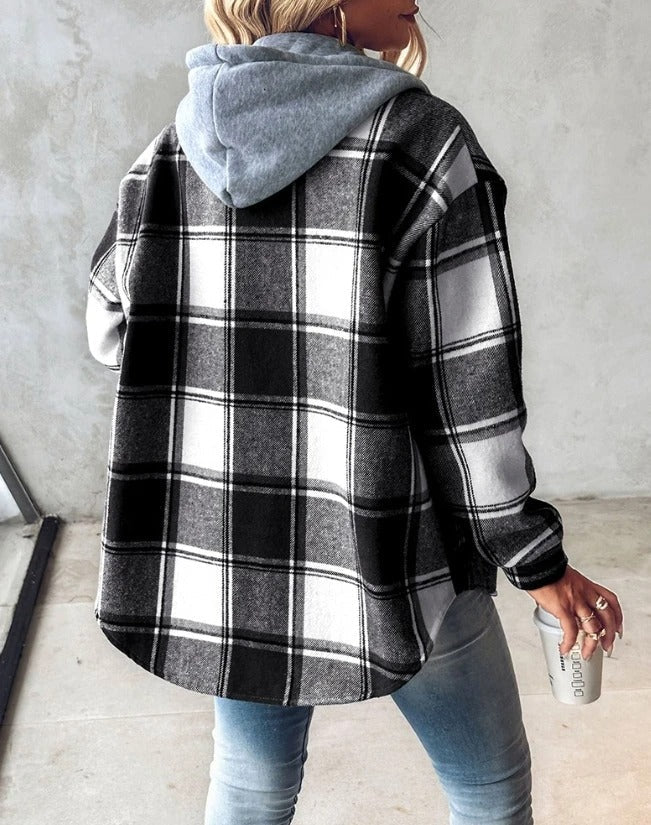 Women's Plaid Coat Breasted Hooded Jacket Sweatshirt Jacket Coat Women Light Jackets Comfy Hoodie