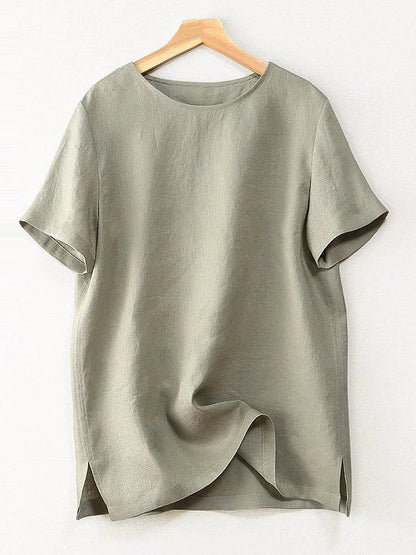 Pure Color Crew Neck Short Sleeve Casual Linen Tee Top