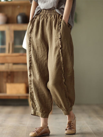 Cotton Linen Retro Wood Ear Stitching Casual Pants