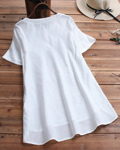 Cotton Linen Hollow Lace Button Casual Top