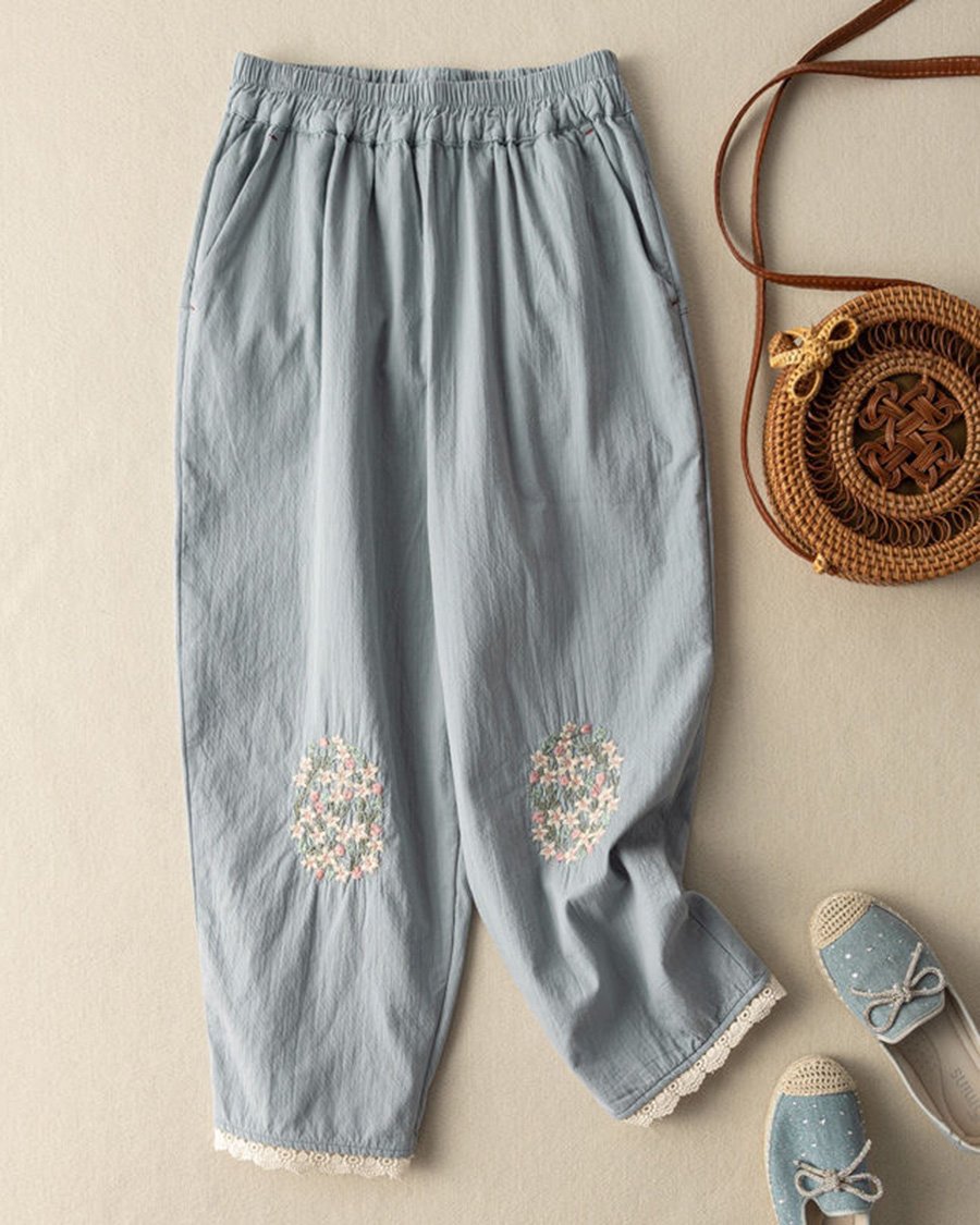 Cotton And Linen Floral-embroidered Lace-paneled Track Pants