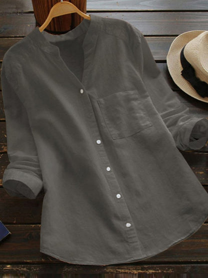 Women's Cotton Linen V-Neck Long Sleeve Shirt