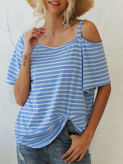 Striped Loose Off -the -shoulder Short -sleeved Casual Shirt