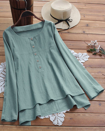 Solid Color Cotton Linen Button Casual Top