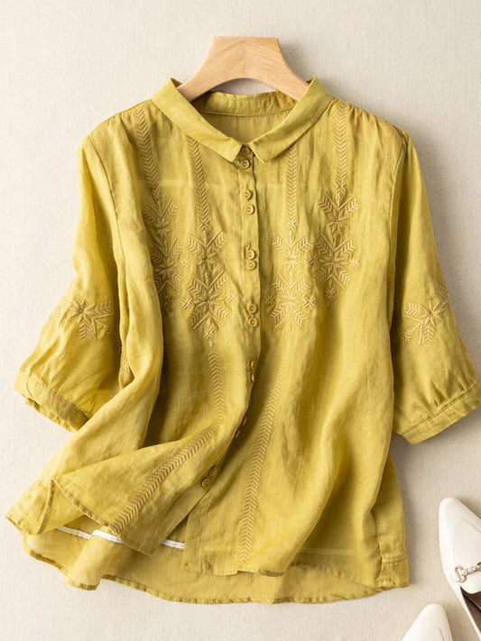 Embroidered Half Sleeve Casual Linen Shirt Top