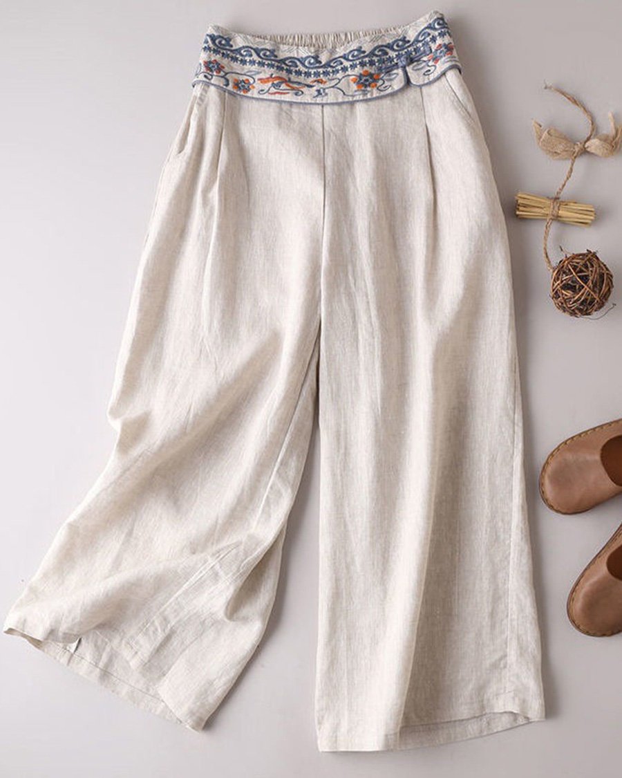 Ethnic Embroidered Waist Wide Leg Pants