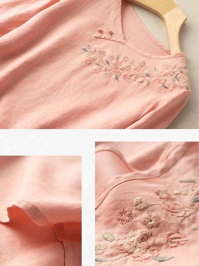 Women's Casual Button Embroidered Cotton Linen 3/4 Sleeve T-Shirt