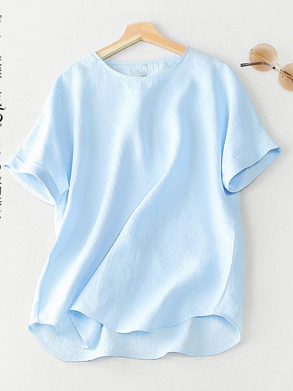 Pure Color Crew Neck Short Sleeve Casual Linen Tee Top