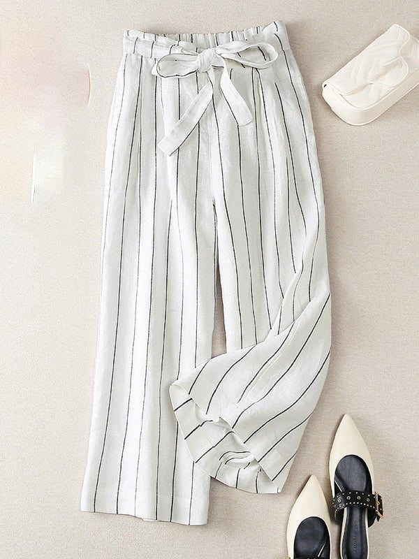 Striped Thin 100% Linen Loose Casual Pants