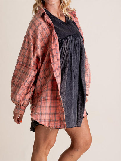 Women's Seams Raw Edge Washed Oversized Shirt Jacket with Pockets