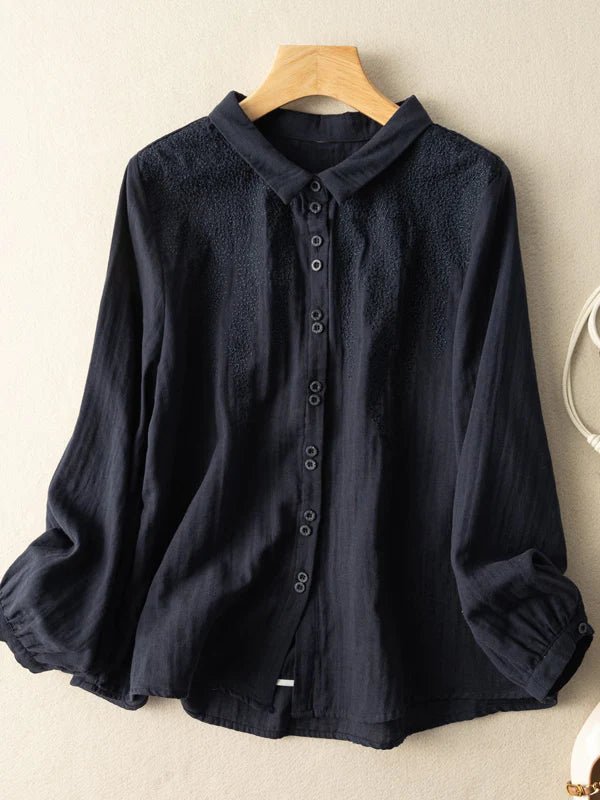 Embroidered Long Sleeve Casual Linen Shirt Top