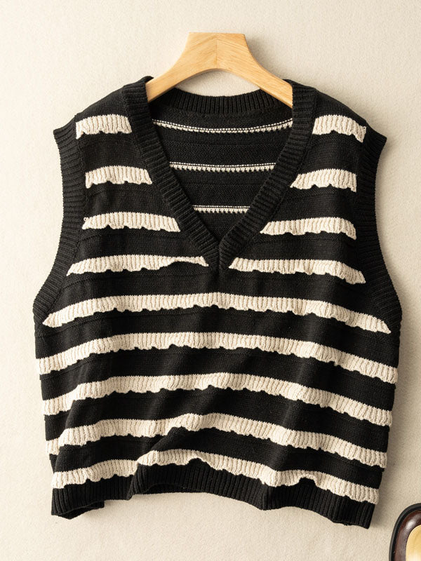 Knitted V-Neck Stripes Classic Loose Vest Coat