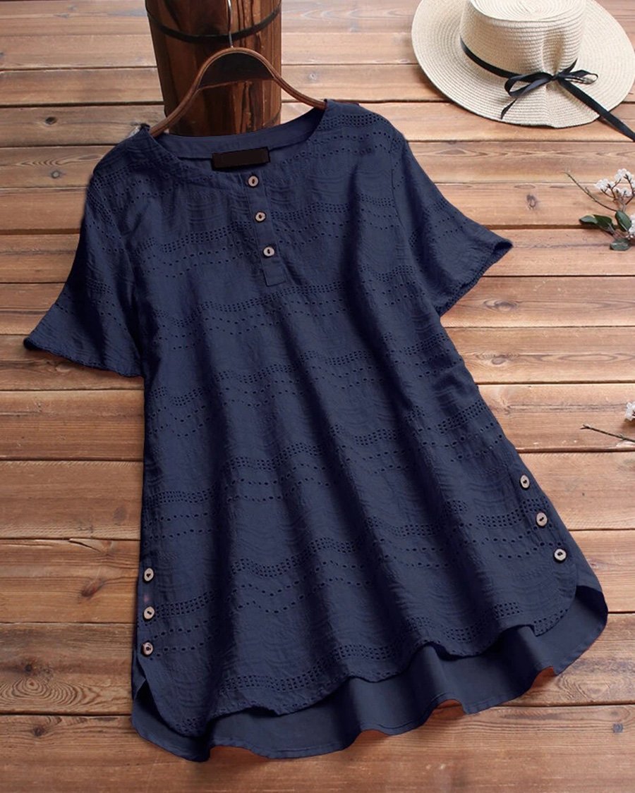 Cotton Linen Hollow Lace Button Casual Top