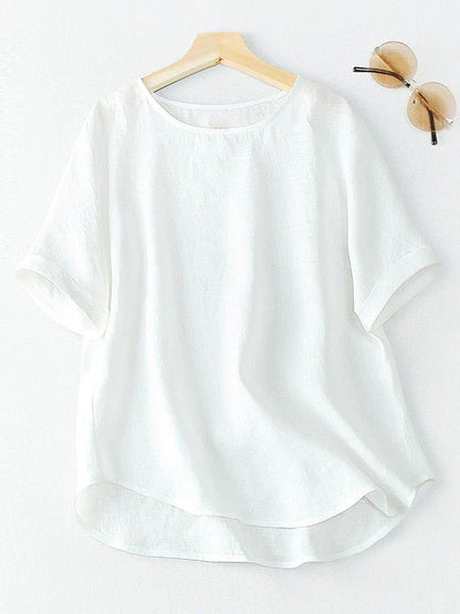 Pure Color Crew Neck Short Sleeve Casual Linen Tee Top