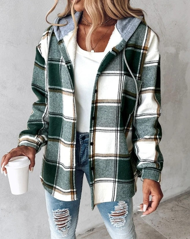 Women's Plaid Coat Breasted Hooded Jacket Sweatshirt Jacket Coat Women Light Jackets Comfy Hoodie